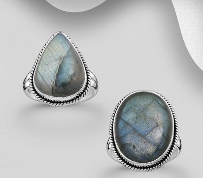 JEWELLED - 925 Sterling Silver Oxidized Ring, Decorated with Labradorite. Handmade. Design, Shape and Size Will Vary.