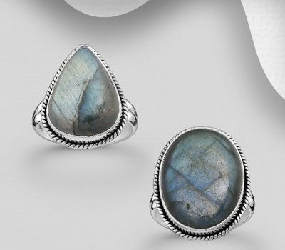 Şəkli böyütmək üçün tiklayın JEWELLED - 925 Sterling Silver Oxidized Ring, Decorated with Labradorite. Handmade. Design, Shape and Size Will Vary.