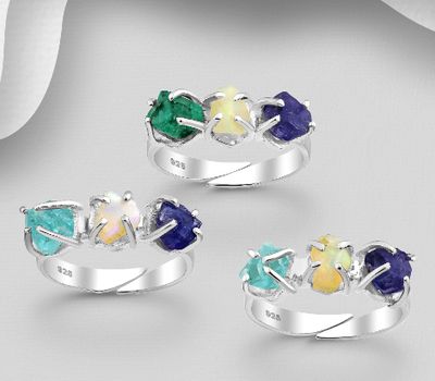 JEWELLED - 925 Sterling Silver Ring, Decorated with Apatite, Ethiopian Opal and Tanzanite. Handmade. Design, Shape and Size Will Vary.