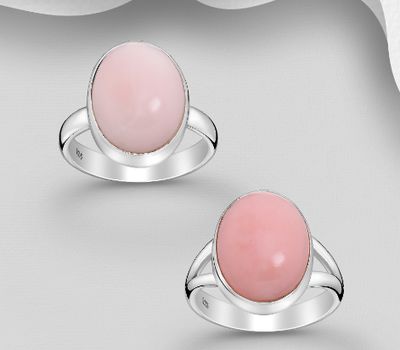 JEWELLED - 925 Sterling Silver Oval Ring, Decorated with Pink Opal. Handmade. Design, Shape and Size Will Vary.