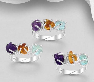 JEWELLED - 925 Sterling Silver Ring, Decorated with Amethyst, Aquamarine and Citrine. Handmade. Design, Shape and Size Will Vary.