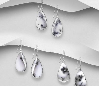 JEWELLED - 925 Sterling Silver Droplet Hook Earrings, Decorated with Dendritic Agate. Handmade. Design Shape and Size Will Vary.
