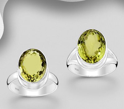 JEWELLED - 925 Sterling Silver Oval Ring, Decorated with Lemon Quartz. Handmade. Design, Shape and Size Will Vary.