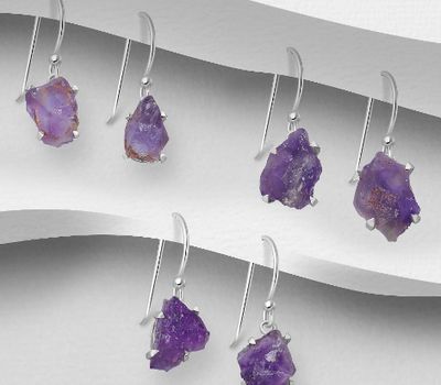 Şəkli böyütmək üçün tiklayın JEWELLED - 925 Sterling Silver Hook Earrings, Decorated with Amethyst. Handmade. Design, Shape and Size Will Vary.