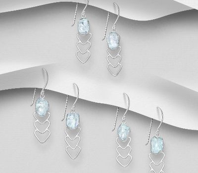 JEWELLED - 925 Sterling Silver Heart Hook Earrings, Decorated with Aquamarine. Handmade. Design, Shape and Size Will Vary.
