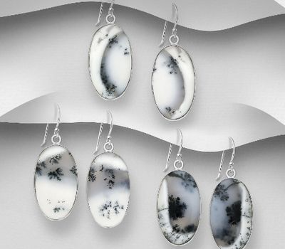 JEWELLED - 925 Sterling Silver Oval Hook Earrings, Decorated with Dendritic Agate. Handmade. Design Shape and Size Will Vary.