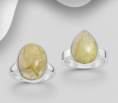 JEWELLED - 925 Sterling Silver Ring, Decorated with Rutilated Quartz. Handmade. Design, Shape and Size Will Vary.