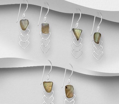 JEWELLED - 925 Sterling Silver Hook Earrings, Decorated with Labradorite. Handmade. Design, Shape and Size Will Vary.