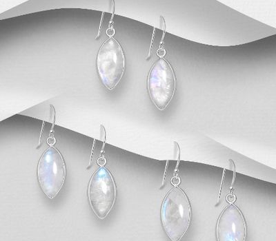 JEWELLED - 925 Sterling Silver Hook Earrings, Decorated with Rainbow Moonstone. Handmade. Design, Shape and Size Will Vary.
