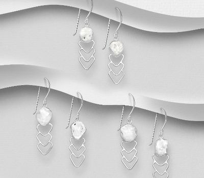 JEWELLED - 925 Sterling Silver Hook Earrings, Decorated with Moonstone. Handmade. Design, Shape and Size Will Vary.
