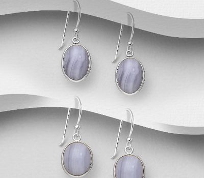 JEWELLED - 925 Sterling Silver Hook Earrings, Decorated with Blue Lace Agate. Handmade. Design, Shape and Size Will Vary.