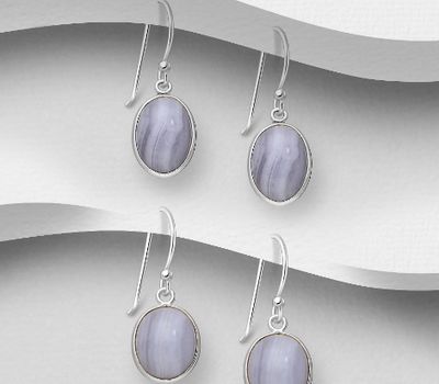 Şəkli böyütmək üçün tiklayın JEWELLED - 925 Sterling Silver Hook Earrings, Decorated with Blue Lace Agate. Handmade. Design, Shape and Size Will Vary.