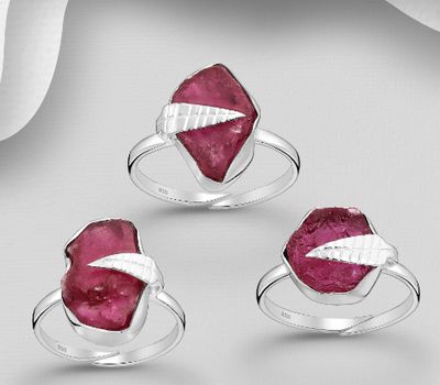 JEWELLED - 925 Sterling Silver Leaf Ring, Decorated with Ruby. Handmade. Design, Shape and Size Will Vary.