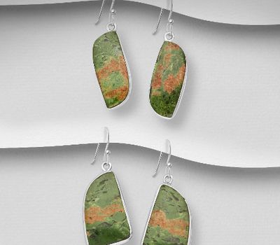 JEWELLED - 925 Sterling Silver Hook Earrings Decorated with Unakite. Handmade. Design, Shape and Size Will Vary.
