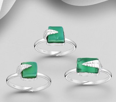 JEWELLED - 925 Sterling Silver Leaf Ring, Decorated with Green Agate. Handmade. Design, Shape and Size Will Vary.