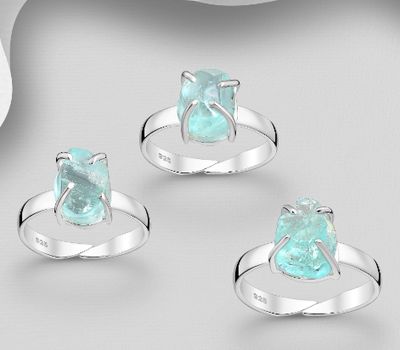 JEWELLED - 925 Sterling Silver Ring, Decorated with Aquamarine. Handmade. Design, Shape and Size Will Vary.