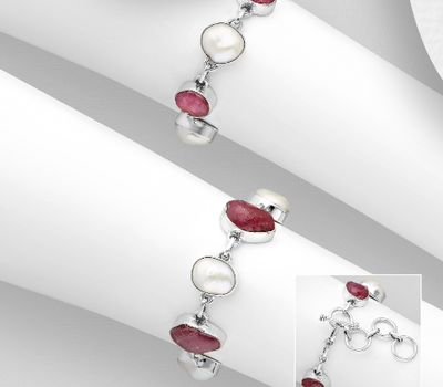 JEWELLED - 925 Sterling Silver Bracelet, Decorated with Rubies and Freshwater Pearls. Handmade. Design, Shape and Size Will Vary