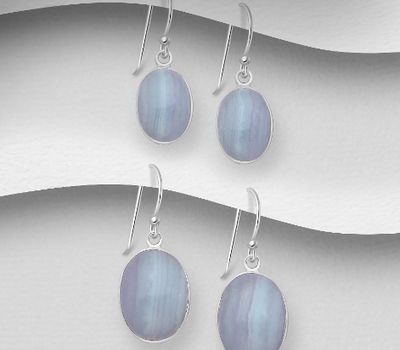 JEWELLED - 925 Sterling Silver Hook Earrings, Decorated with Blue Lace Agate, Handmade. Design, Shape and Size Will Vary