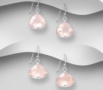 JEWELLED - 925 Sterling Silver Hook Earrings, Decorated with Rose Quartz. Handmade. Design, Shape and Size Will Vary.