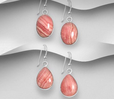 JEWELLED - 925 Sterling Silver Hook Earrings, Decorated with Rhodochrosite. Handmade. Design, Shape and Size Will Vary.