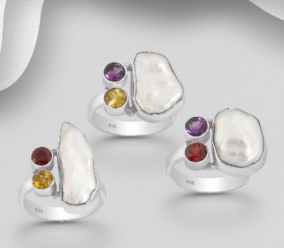 JEWELLED - 925 Sterling Silver Ring, Decorated with Freshwater Pearl and Various Gemstones. Handmade. Design, Shape and Size Will Vary.