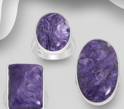 JEWELLED - 925 Sterling Silver Ring, Decorated with Charoite. Handmade. Design, Shape and Size Will Vary.