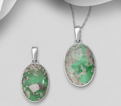 JEWELLED - 925 Sterling Silver Oval Pendant, Decorated with Variscite. Handmade. Design, Shape and Size Will Vary.