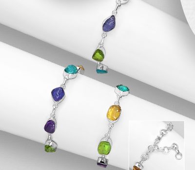 JEWELLED - 925 Sterling Silver Bracelet, Decorated with Amethyst, Apatite, Citrine, Peridot and Tanzanite. Handmade. Design, Shape and Size Will Vary.
