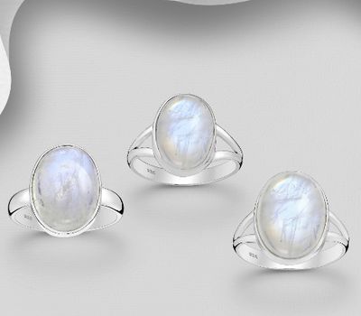 JEWELLED - 925 Sterling Silver Oval Ring, Decorated with Rainbow Moonstone. Handmade. Design, Shape and Size Will Vary.