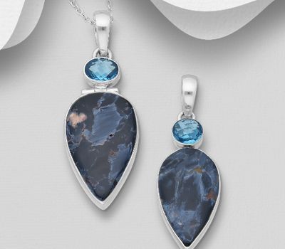 JEWELLED - 925 Sterling Silver Pendant, Decorated with London Blue Topaz and Pietersite. Handmade. Design, Shape and Size Will Vary.