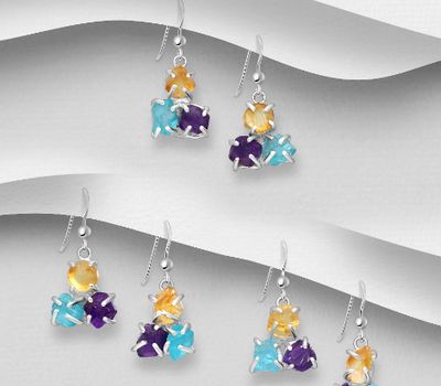 JEWELLED - 925 Sterling Silver Hook Earrings, Decorated with Amethyst, Apatite and Citrine. Handmade. Design, Shape and Size Will Vary.