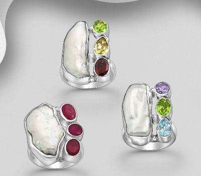 JEWELLED - 925 Sterling Silver Ring, Decorated with Freshwater Pearl and Various Gemstones. Handmade. Design, Shape and Size Will Vary.