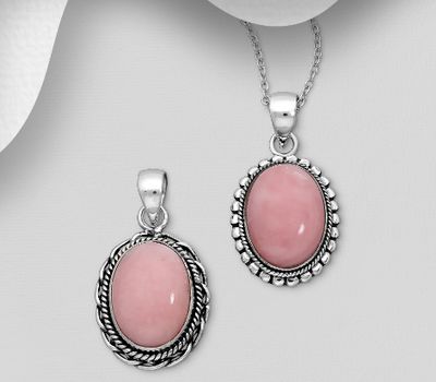 JEWELLED - 925 Sterling Silver Oxidized Oval Pendant, Decorated with Pink Opal. Handmade. Design, Shape and Size Will Vary.