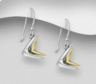 925 Sterling Silver and Brass Boomerang Hook Earrings, Oxidized