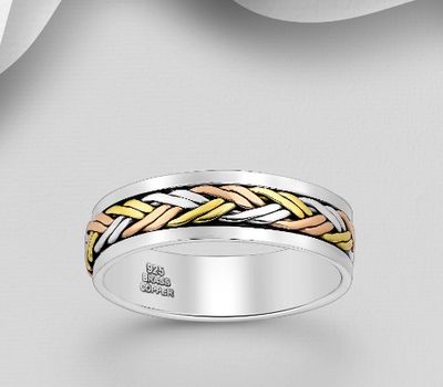 gogo - 925 Sterling Silver Weave, Brass and Copper Spin Band Ring, 6 mm Wide