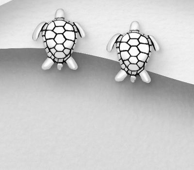 925 Sterling Silver oxidized Turtle Push-Back Earrings