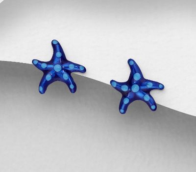 925 Sterling Silver Starfish Push-Back Earrings Decorated With Colored Enamel