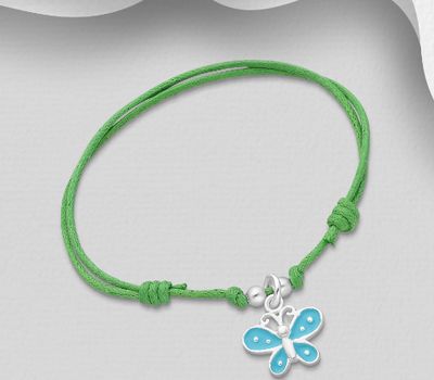 925 Sterling Silver Butterfly adjustable Bracelet, Decorated with Various Colored Enamel