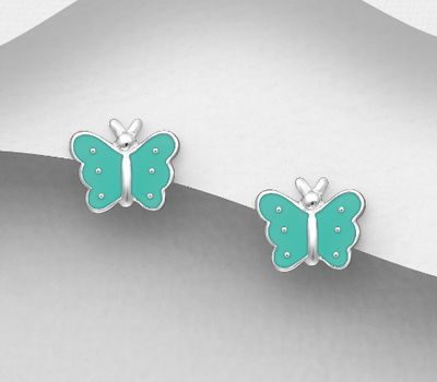 925 Sterling Silver Butterfly Push-Back Earrings, Decorated with Colored Enamel