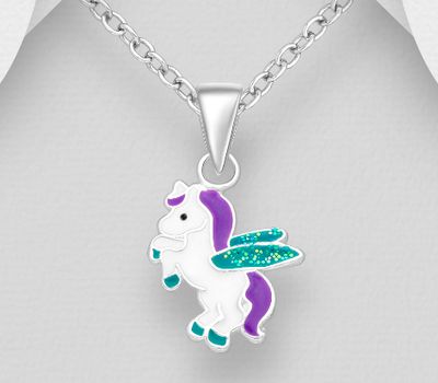 925 Sterling Silver Pegasus Pendant, Decorated with Colored Enamel