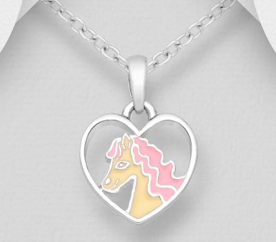 925 Sterling Silver Heart and Horse Pendant, Decorated with Colored Enamel