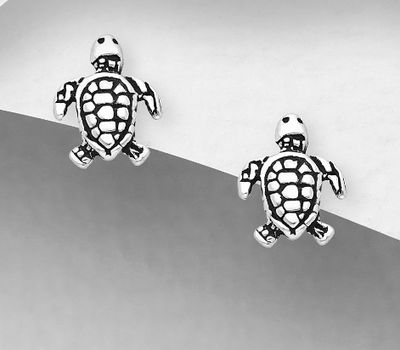 Şəkli böyütmək üçün tiklayın 925 Sterling Silver Oxidized Turtle Push-Back Earrings