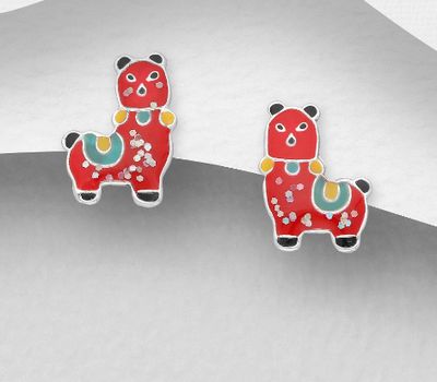 925 Sterling Silver Llama Push-Back Earrings, Decorated with Colored Enamel