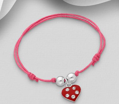 925 Sterling Silver Adjustable Heart Bracelet, Decorated with Colored Enamel and Crystal Glass