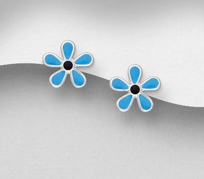 925 Sterling Silver Flower Push-Back Earrings Decorated With Colored Enamel