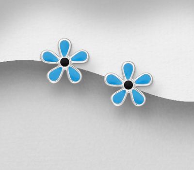 Şəkli böyütmək üçün tiklayın 925 Sterling Silver Flower Push-Back Earrings Decorated With Colored Enamel