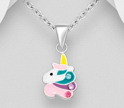 925 Sterling Silver Unicorn Pendant, Decorated with Colored Enamel and Colorful Crystal Glass