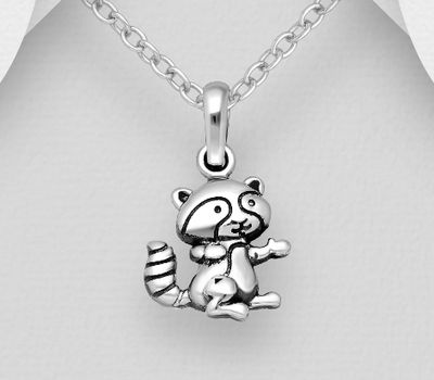 Tiny Raccoon Pendant, 925 Sterling Silver, Oxidized.