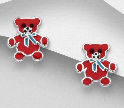 925 Sterling Silver Bear Push-Back Earrings, Decorated with Colored Enamel
