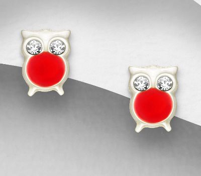 925 Sterling Silver Owl Push-Back Earrings Decorated With Colored Enamel